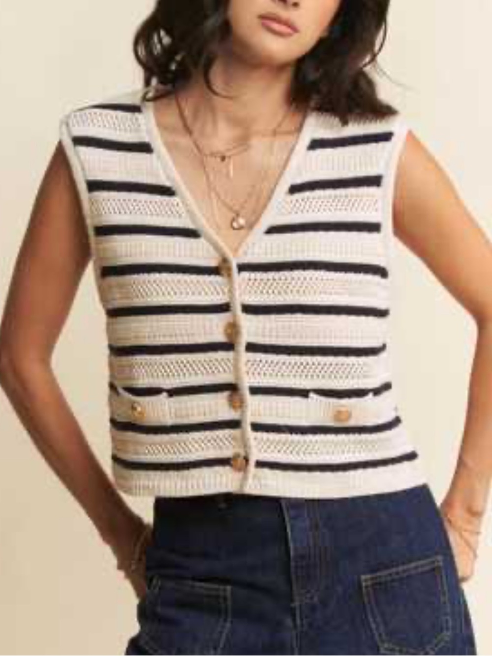 Zara Cream and Deep Navy Striped Cropped Knit Vest. Sailor. Gold Buttons. M